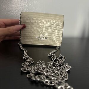 Coach Mini Wallet on a Chain in pale green lizard-embossed leather